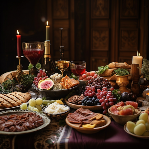 שולחן מסודר להפליא מלא במגוון מנות גרוזיניות מסורתיות, יין וקישוטים.