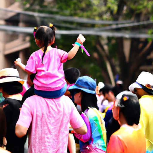 המשפחה משתתפת בפסטיבל תאילנדי צבעוני עם המקומיים